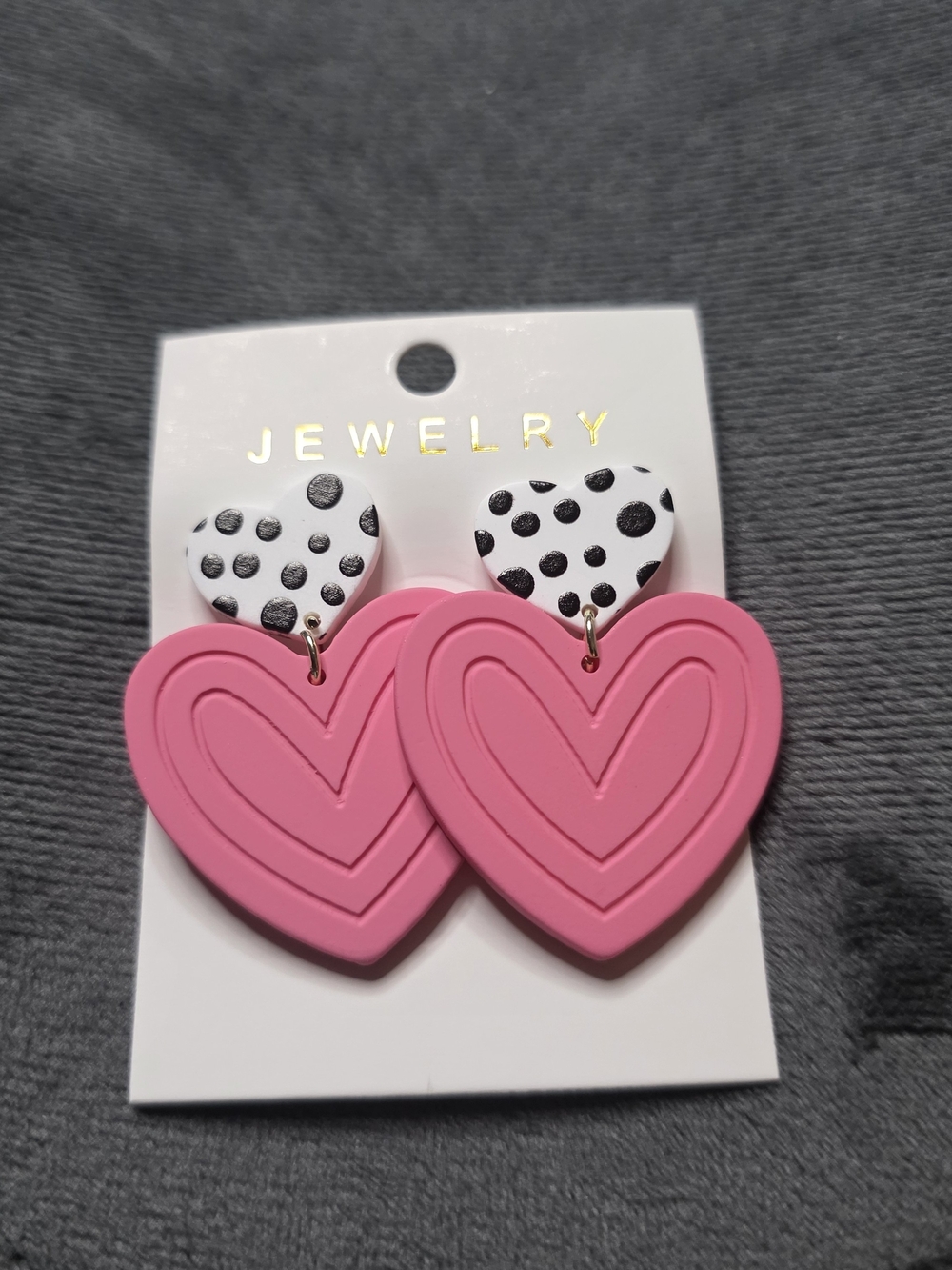 Heart Drop Earrings - Pink & White Polka Dot